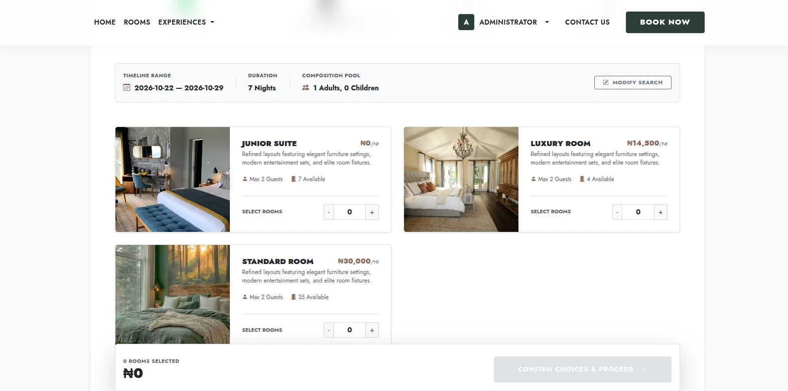 A hotel's own booking page powered by RhoHMS, listing rooms with nightly rates