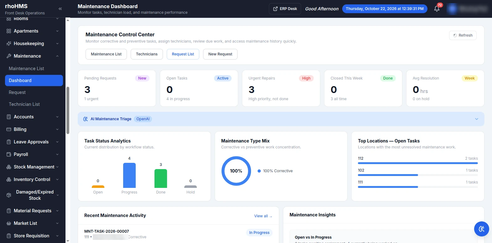 RhoHMS maintenance dashboard with task status, type mix and open tasks by location